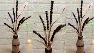 Easy and Cheap to make flowers from Coffe Beans and Plastic Bottle Vases with Jute | DIY