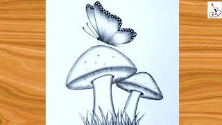 How to draw a Butterfly on Mushroom||Easy Butterfly Drawing||Easy Drawing ideas for Beginners