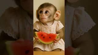 Cute Monkey Eats Watermelon and Giggles! 