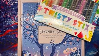 Mixed media featuring twisty oil crayons in Shooting star colouring book | Adult colouring