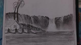 How To Drawing A Beautiful Scenery | Village Scenery Drawing | Waterfall Sketch | Ashiq Art Academy