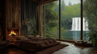 Sleep In Luxury Lakeside Room with Waterfall View - Crackling Fireplace and Rain On Window Sounds