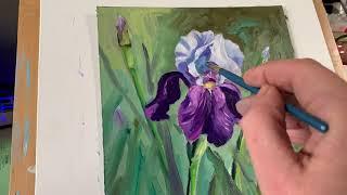 Flowers Alla Prima Oil painting Demo. Iris flower. Time-Lapse.