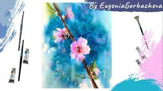 How to paint a pink flower on a tree in watercolor | Demo with quick sketch by Eugenia Gorbacheva