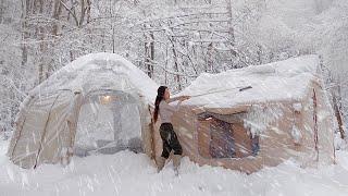 Camping Inflatable Luxury Tent Isolated For 3 Days Amid Heavy Snow [ ASMR ]