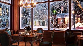 Schneenacht am Fenster im Café-Ambiente mit entspannender, sanfter Jazzmusik und Schneefall