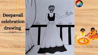 Diwali drawing step by step | Deepavali celebration drawing | Diwali Diyas drawing