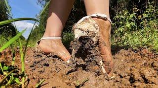 High Heels Sandals in Mud, Muddy High Heels, High Heels Sinking in Mud, Wet High Heels (# 1473)