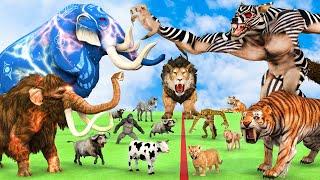 5 Giant Mammoth Elephant Cow vs 5 Zombie Tiger Lion vs Hybrid Zebra Wolf Cow Saved By Woolly Mammoth