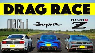 2024 Nissan Nismo Z Races Toyota GR Supra and Ford Mustang Mach 1.  Drag and Roll Race.