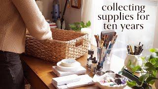 A tour of my ART STUDIO and SUPPLIES  new desk makeover with Fezibo