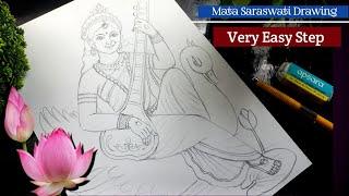 Saraswati Drawing/ Very Easy Step Mata Saraswati Drawing/ Mata Saraswati Drawing Easy