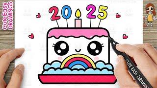 How to Draw a Cute #2025 Rainbow Cake - Easy Drawing and Coloring for Kids and Toddlers