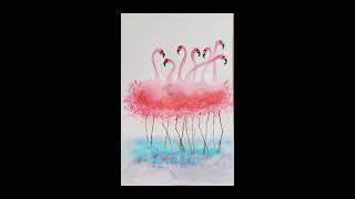 Watercolor painting in 5 minutes /Painting of flamingos/toothbrush technique/ Easy for beginners