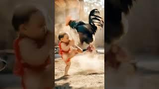 Funny rooster fighting with baby  