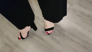 Part 1 Crossdresser walking along red toenails ankle strap heels