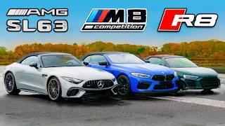 New AMG SL 63 v BMW M8 v Audi R8: DRAG RACE