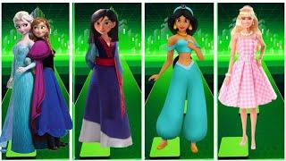 Frozen 2 Elsa and Anna vs Mulan vs Jasmine vs Barbie doll - Tiles Hop EDM Rush