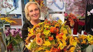 Autumn bouquets on frames of leaves