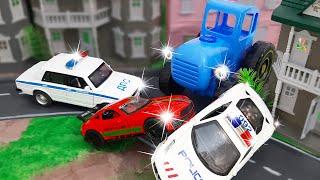 Story with blue tractor and cars for kids. CARTOONS about Toy Cars Drive