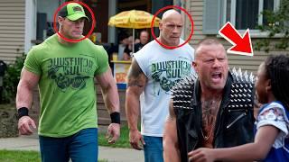 A biker attacked a girl selling lemonade. but when The Rock and John Cena intervened....