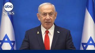 Prime Minister Benjamin Netanyahu speaks as Iran launches missiles at Israel