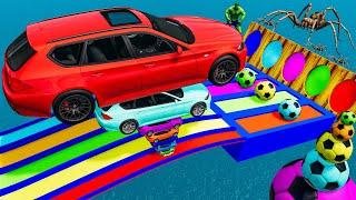Big & Small Cars Portal with Water Slide Colors - Gaint & Small Car vs Train vs spider- BeamNG.Drive