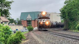Trains Sanding The Wet Rails In The Rain With DPU Foreign Power, Norfolk Southern Trains On The Hill