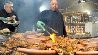 Street Food in Milan. Mixed Grilled Meat and Overstuffed Sandwiches with  Sausages, Hamburgers