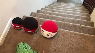 Punching 5 Country Ball Plushies down the stairs