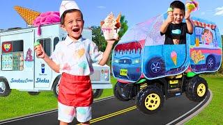 Selling ice cream on the farm with kids ice cream truck, zero turn mower and tractor | Super Krew