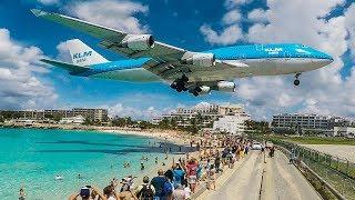 BOEING 747 low LANDING above THE BEACH - St Maarten and Maho Beach (4K)