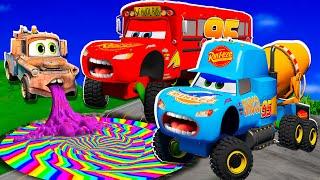 Rainbow Pit Transform In Big & Small:McQueen BUS CONCRETE MIXER vs  Pixar Cars! Beam.NG Drive!