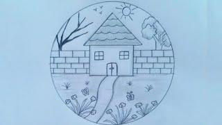 House drawing in a circle with pencil