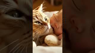 Adorable Cat Napping with Baby! #Shorts #CuteAnimals #CatLove #BeastStudio