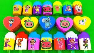 looking for numberblocks, cocomelon, little pony in all boxes with slime colorful