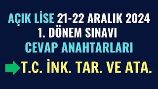 "T.C. İNKILAP TARİHİ VE ATATÜRKÇÜLÜK 1-2" 21-22 Aralık 2024 1. Dönem Sınavı Cevap Anahtarları.