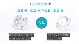 Heirloom OMC FAB Cushion Moissanite v Forever ONE Cushion Moissanite