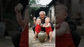 Grandpa’s private money can’t be taken out in a clay pot. Two babies help grandpa smash the clay p