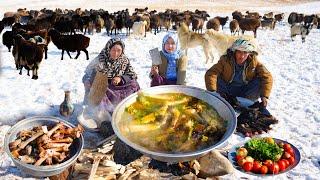Surviving in the Highest Mountains of Afghanistan -63°C | Shepherd Mother Cooking Sheep Legs Curry