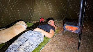 Hot Tent Camping in Heavy Rain and Rainstorm All Day! - Caught in Rain With My Dog!