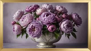 Soft Lilac Peonies in a Silver Ornate Vase | 4K Romantic Floral Screensaver