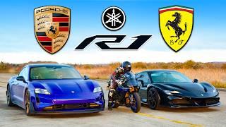 Porsche Taycan Turbo GT v Ferrari SF90 v Yamaha R1M: DRAG RACE