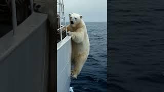 Scared polar bear seeks rest on a fishing boat