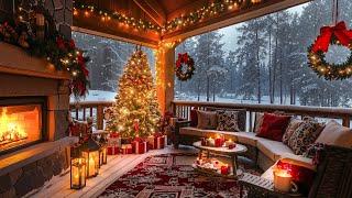  Relaxing Christmas Jazz Music at Warm Balcony Christmas Ambience 2025  Snowfall & Cozy Fireplace