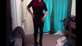 Crossdresser in Purple Velvet Dress and Boots