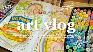 art vlog  drawing food illustrations with watercolors and markers 