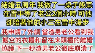 【完結】結婚五周年紀念日，我做了一桌子飯菜，在雪中等了老公2個小時，可他卻陪著他的小三在雪中漫步，我申請了工作外調，當渣男老公看到我搬空的衣櫃和留在床頭櫃的離婚協議，下一秒渣男老公徹底崩潰了#為人處世