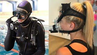 Fashion lovers of latex full face gas masks and scuba diving gear dresses