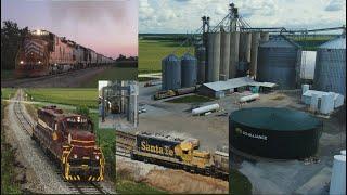 Loading a grain train at Malden Indiana Santa Fe BNSF 1653 CKIN 814 CKIN 818 GP38 locomotive startup